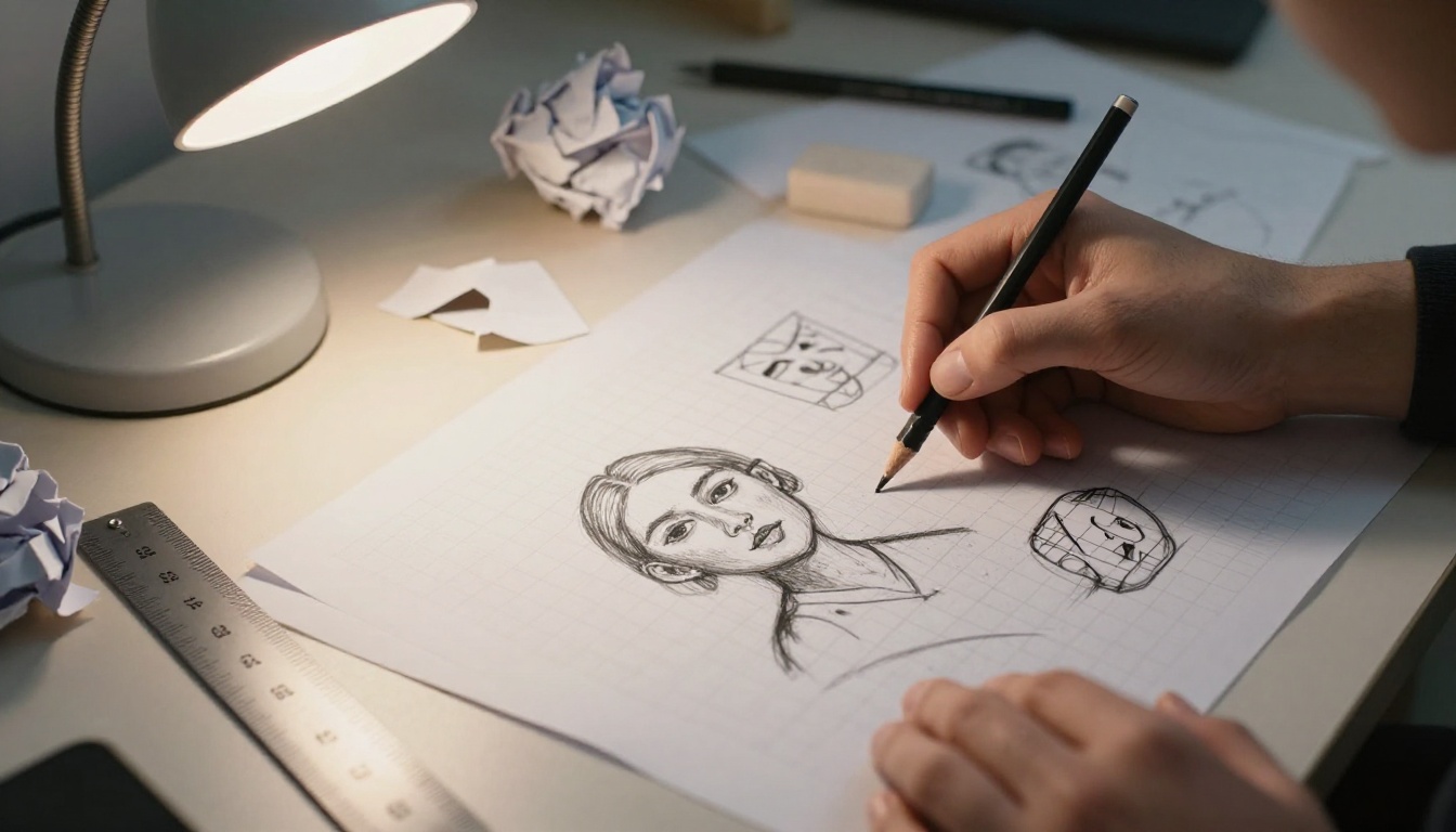 A designer sketching rough flyer layouts in pencil on grid paper