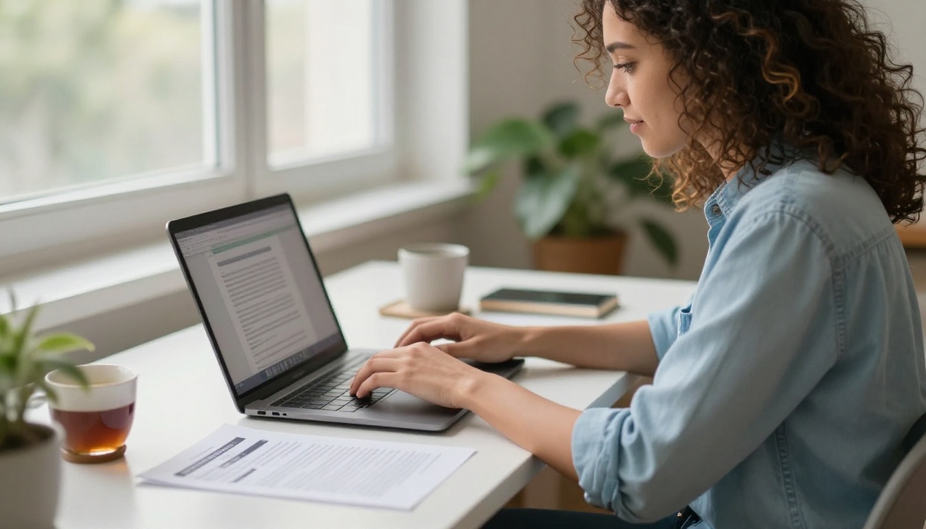 A woman typing on a laptop beside a printed flyer proof in a bright studio