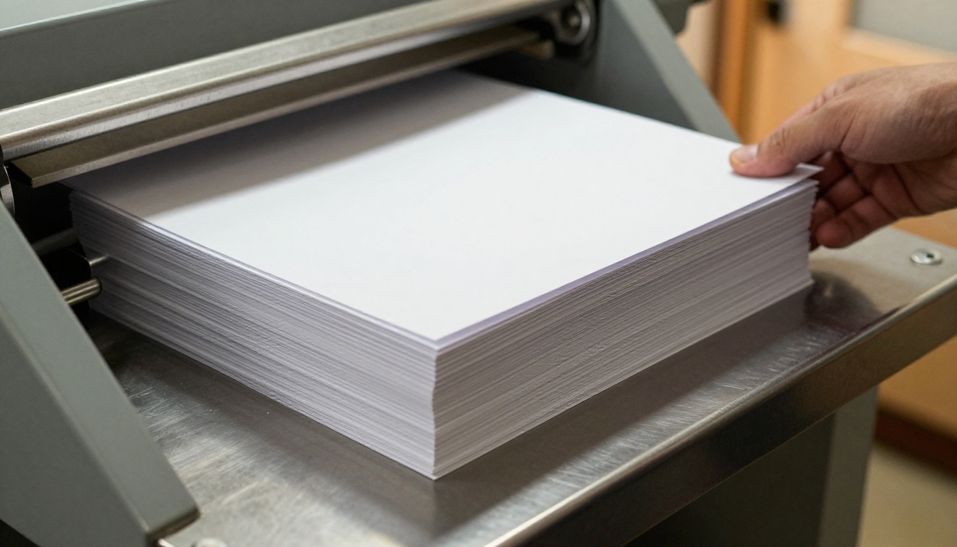A stack of freshly printed flyers on a paper trimmer in a small print shop
