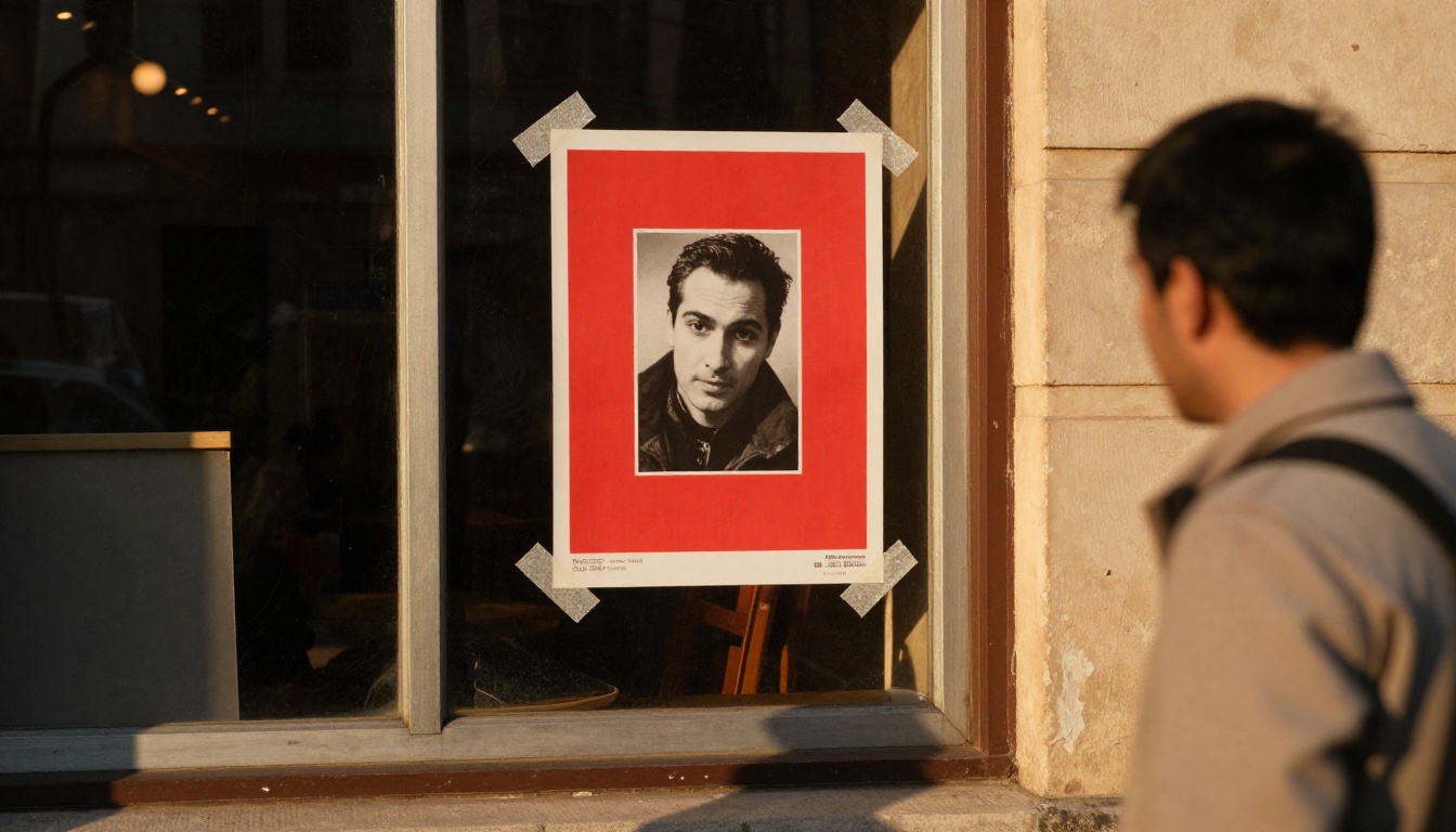 A bold red and black-and-white flyer taped in a cafe window at golden hour