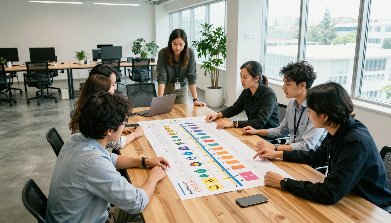 Five colleagues gathered around a table reviewing a printed infographic poster in an open plan office