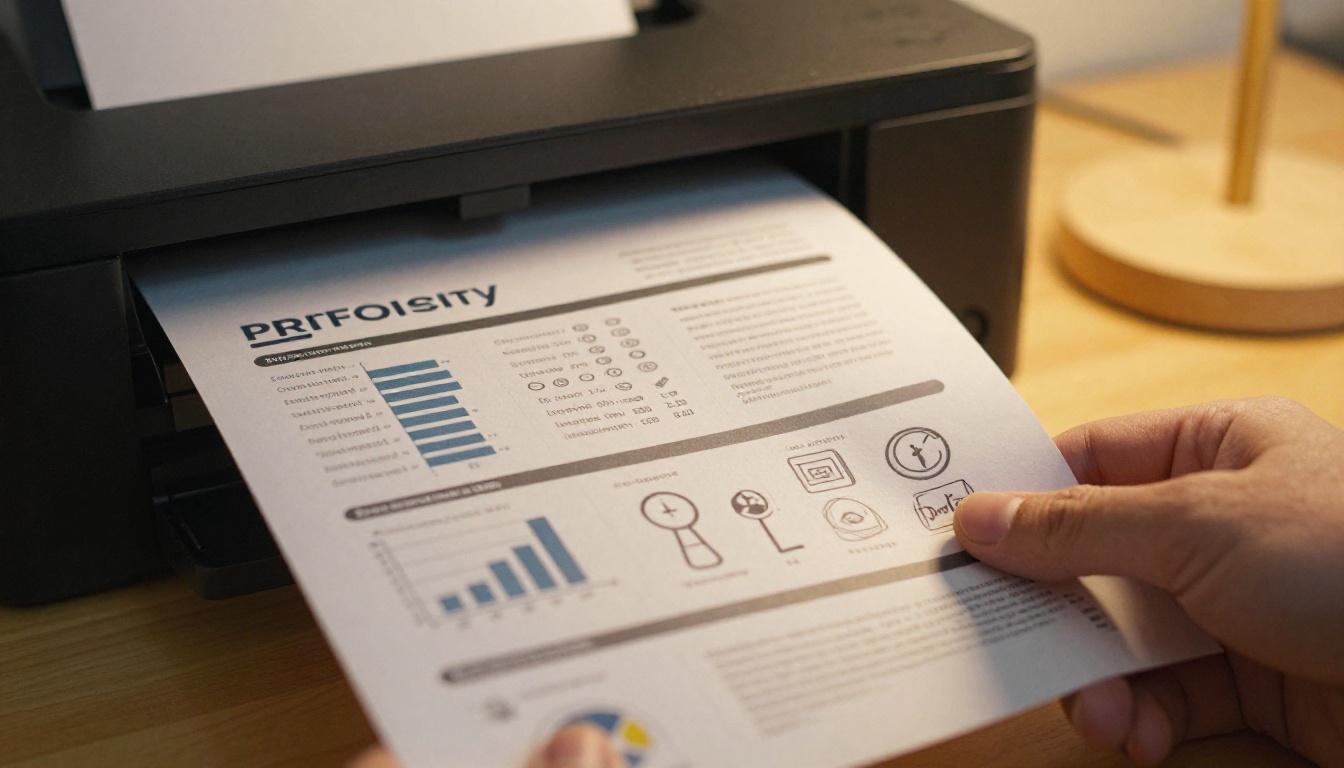 Hand holding a freshly printed infographic sheet next to a desktop printer