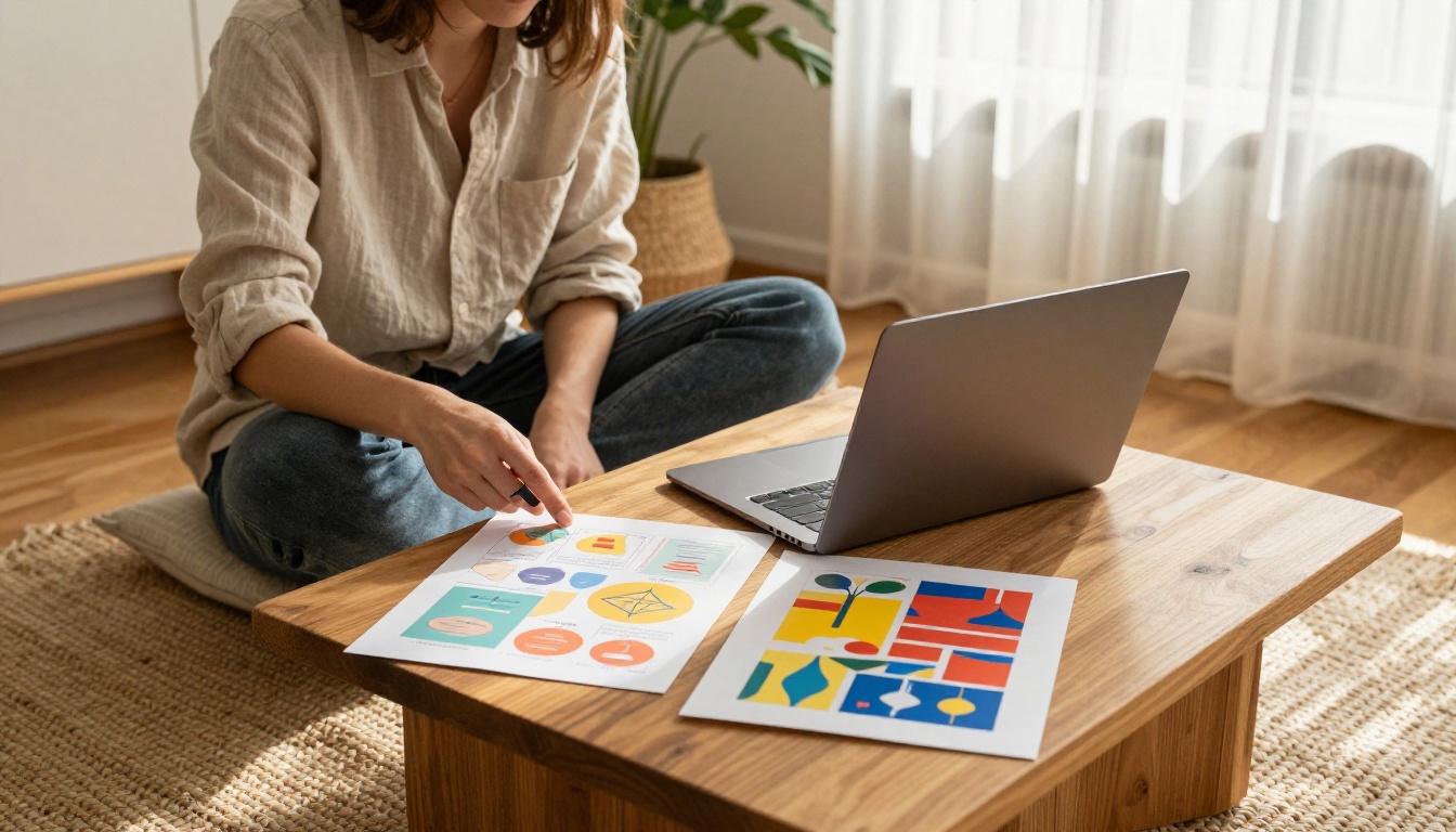 Freelance designer comparing two printed infographic layouts on a sunlit apartment floor