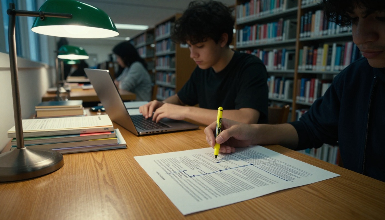 University student highlighting a printed timeline infographic at a library study table