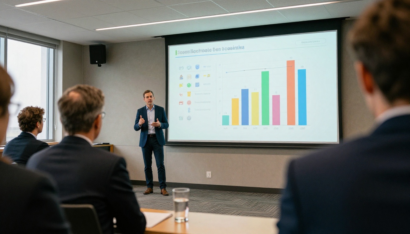 Presenter in a navy blazer gesturing toward a wall screen showing a colorful infographic