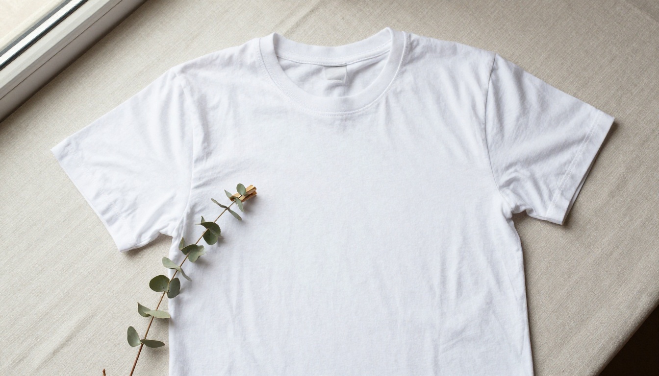 Plain white cotton t-shirt laid flat on linen for a clothing mockup