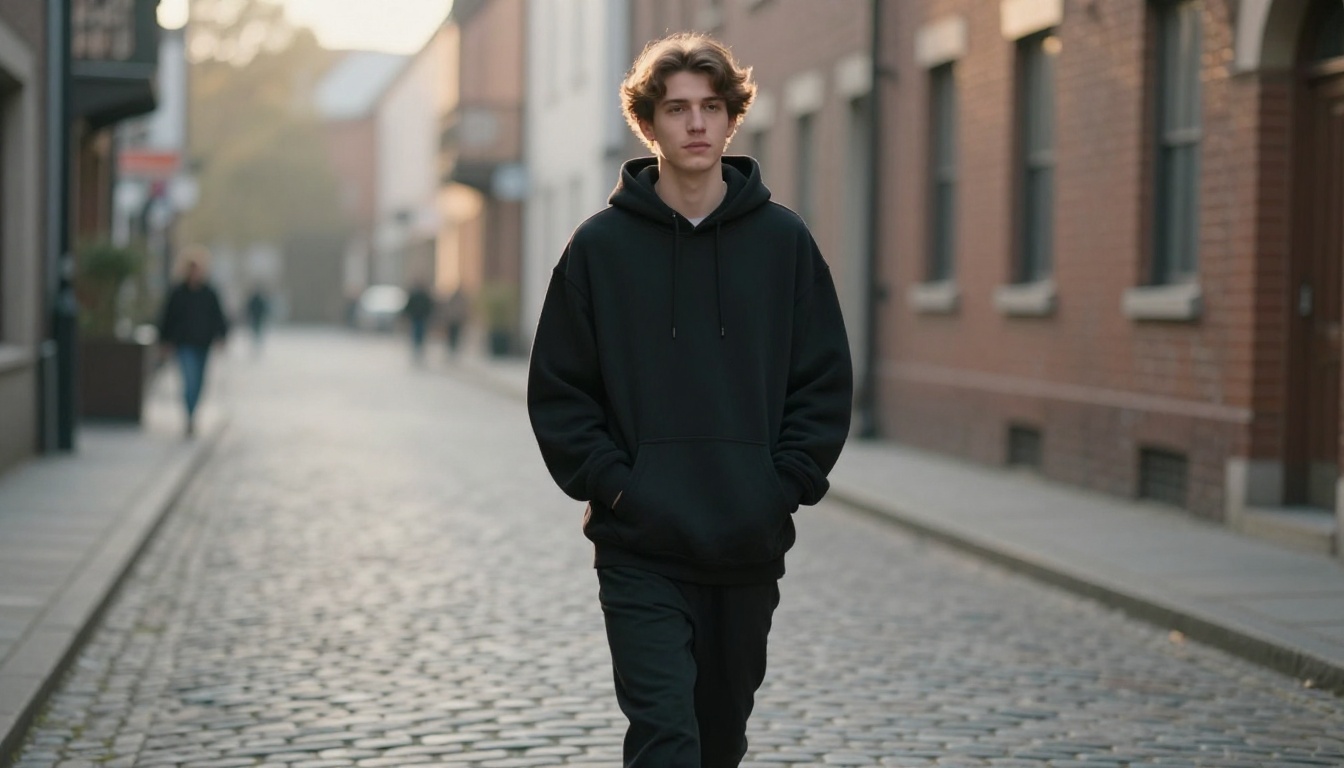 Young man in a plain black oversized hoodie walking down a quiet street