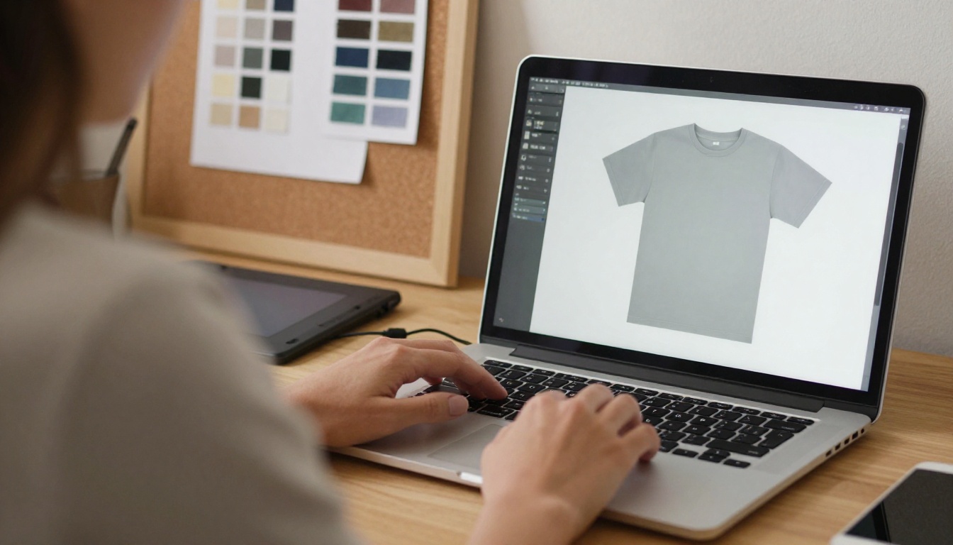 Designer working on a laptop with fabric swatches pinned behind the desk