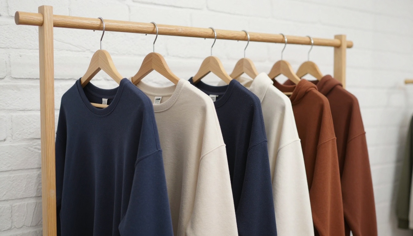 Clothing rail with plain tees and sweatshirts in sage, sand, navy, cream, rust and charcoal