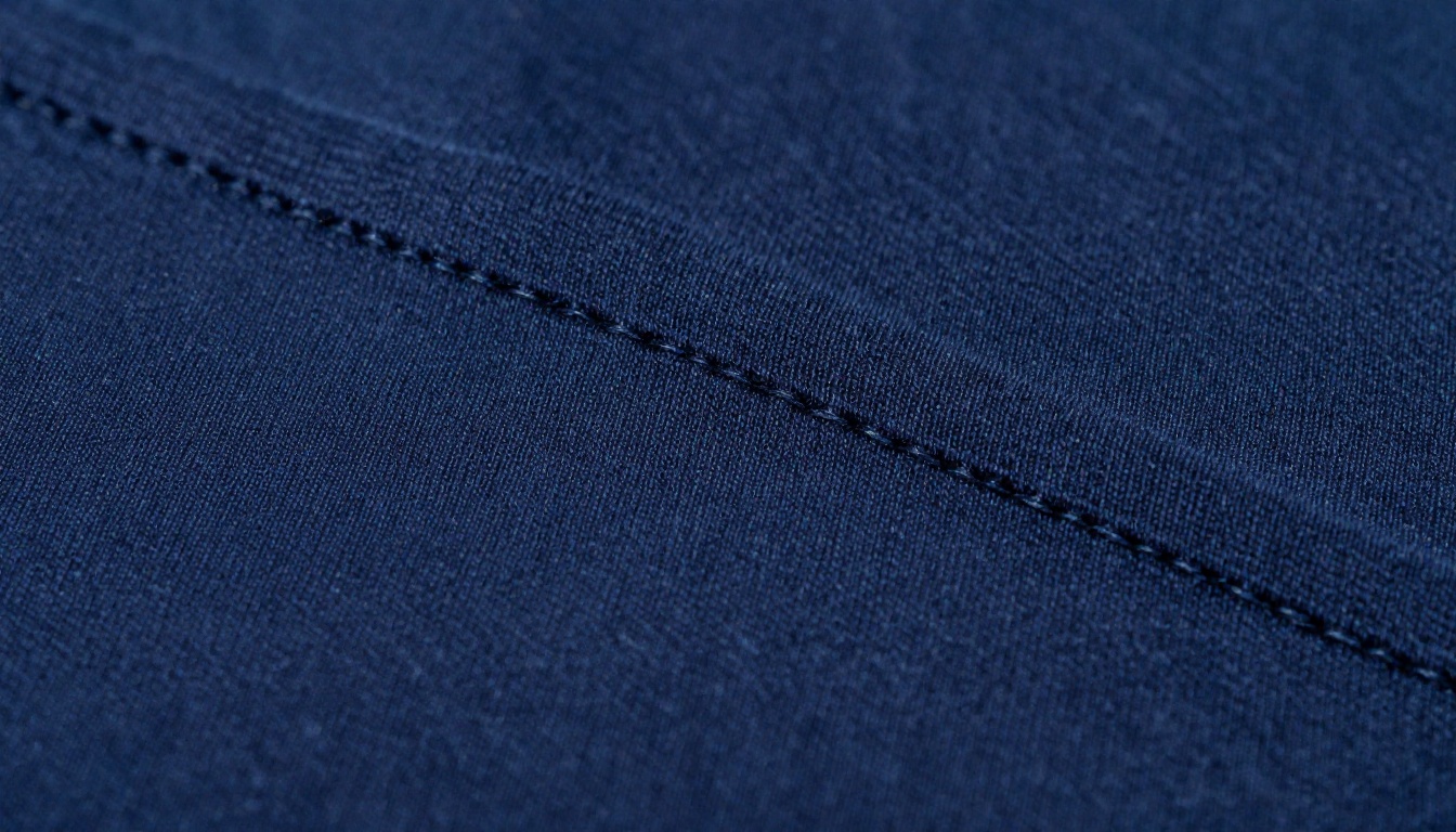 Macro close-up of navy cotton t-shirt fabric showing knit texture and stitching