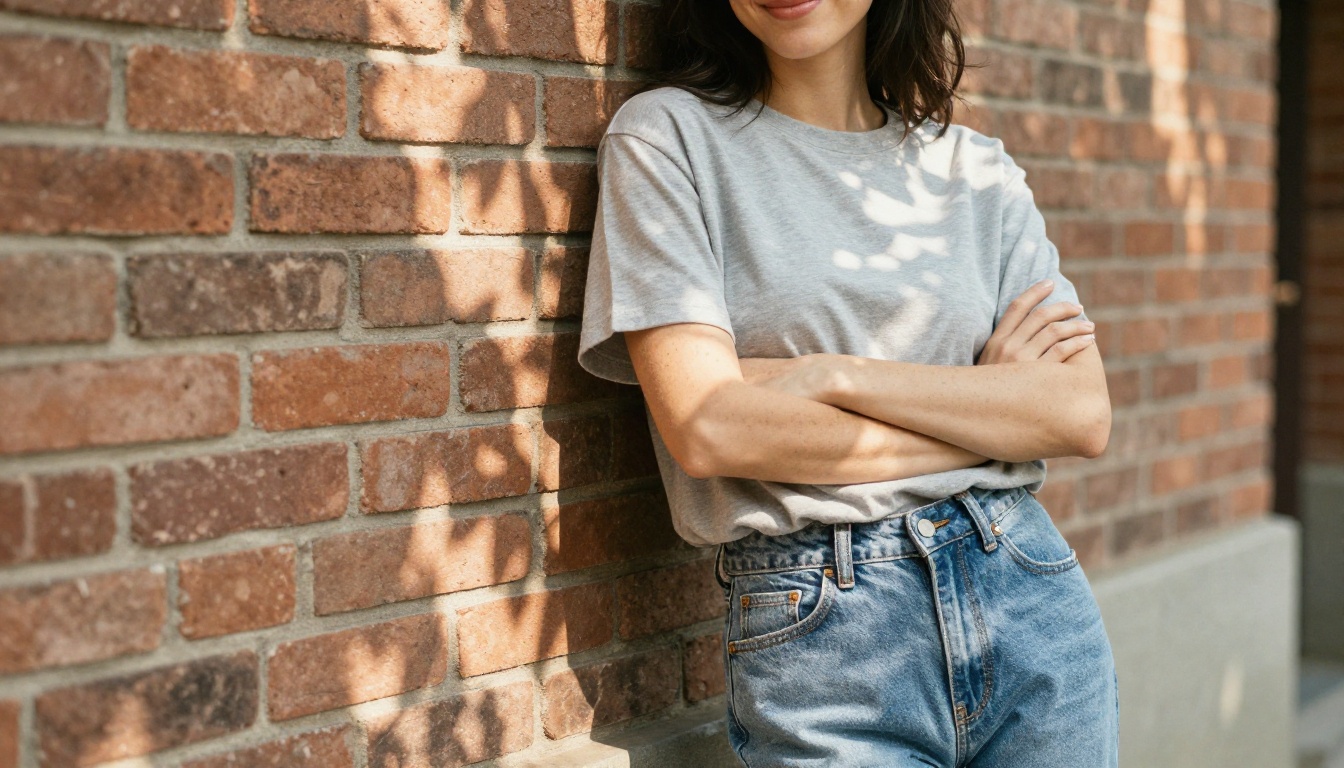 Smiling woman in a plain grey boxy t-shirt leaning against a sunlit brick wall
