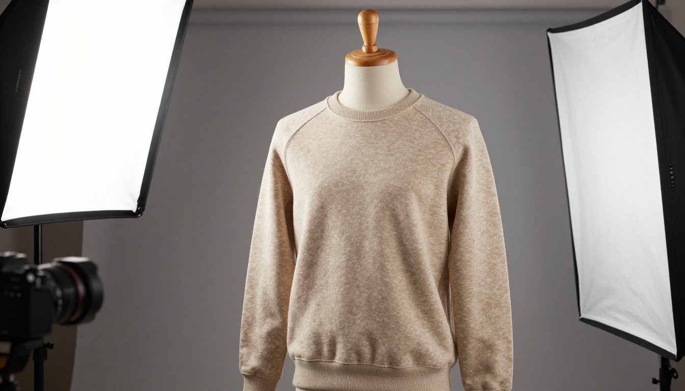 Oatmeal crewneck sweatshirt on a wooden mannequin torso in a photo studio