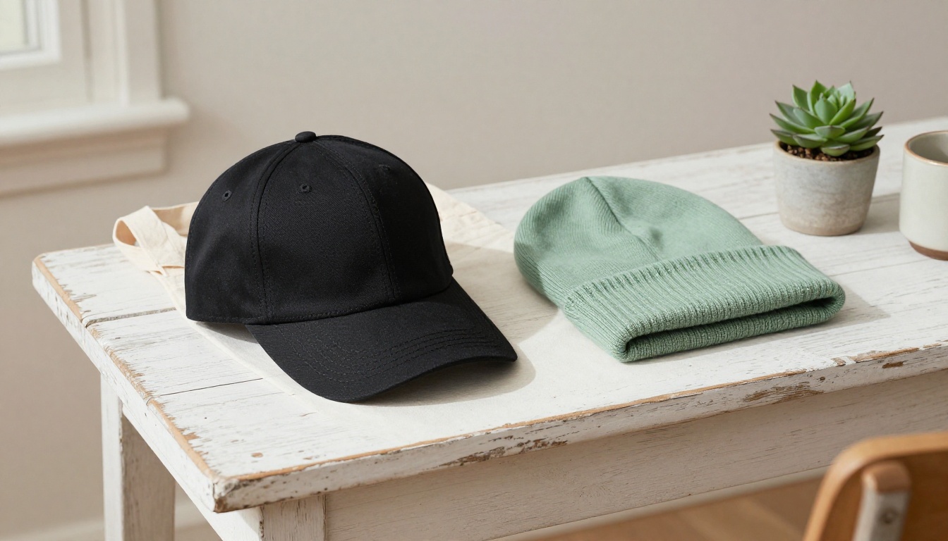 Canvas tote bag, black cap and sage beanie arranged on a whitewashed table
