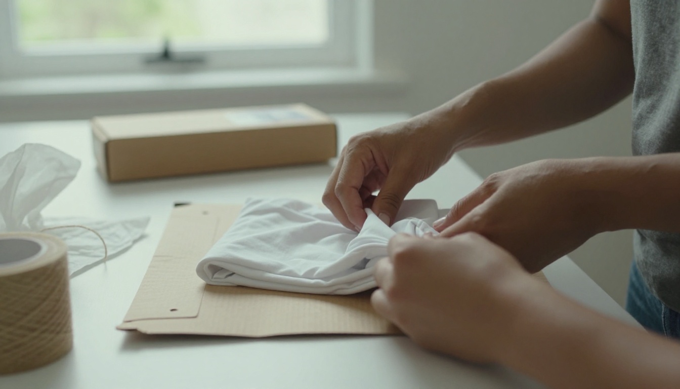 Small business owner packing a folded white t-shirt into a kraft mailer box