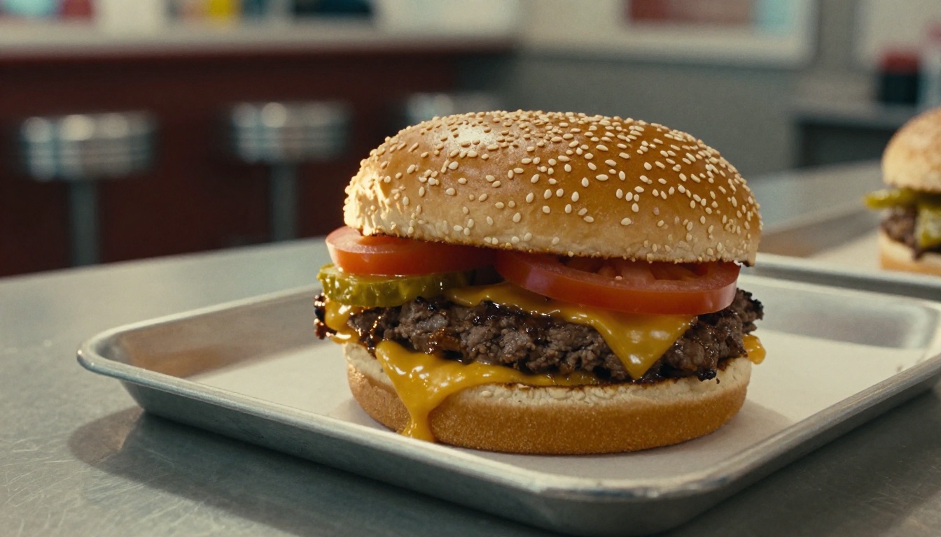 Low-angle double cheeseburger on a diner counter with a warm rim light