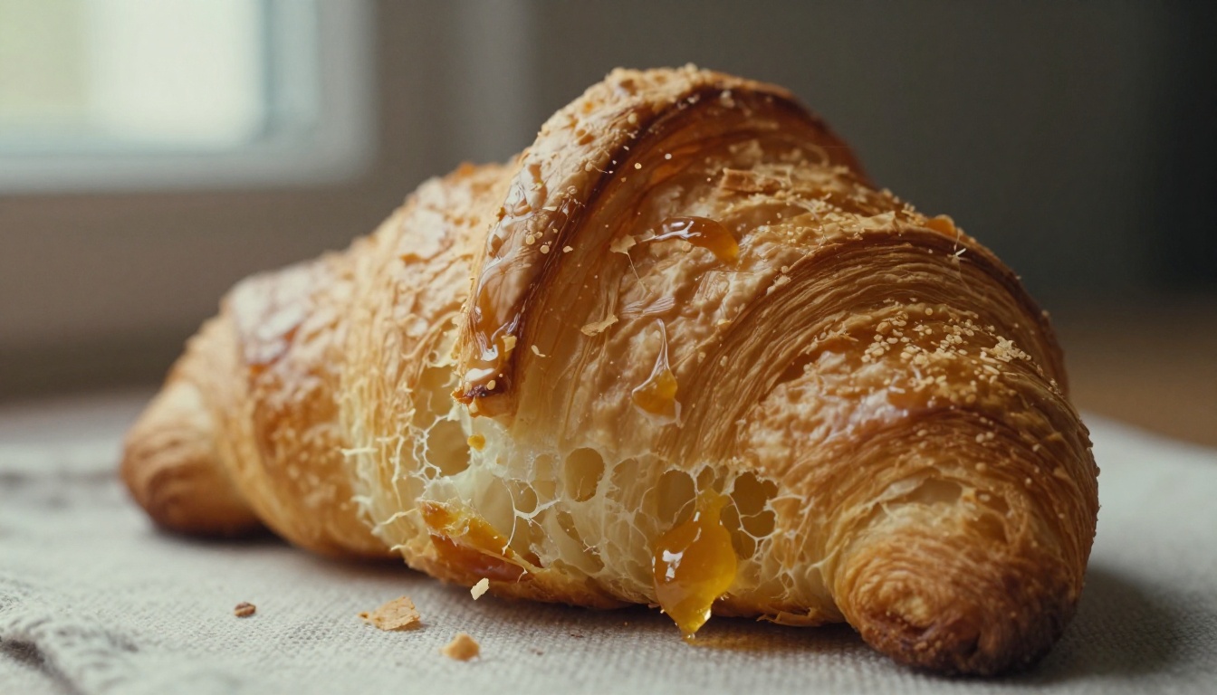 Macro close up of a torn butter croissant with flaking layers
