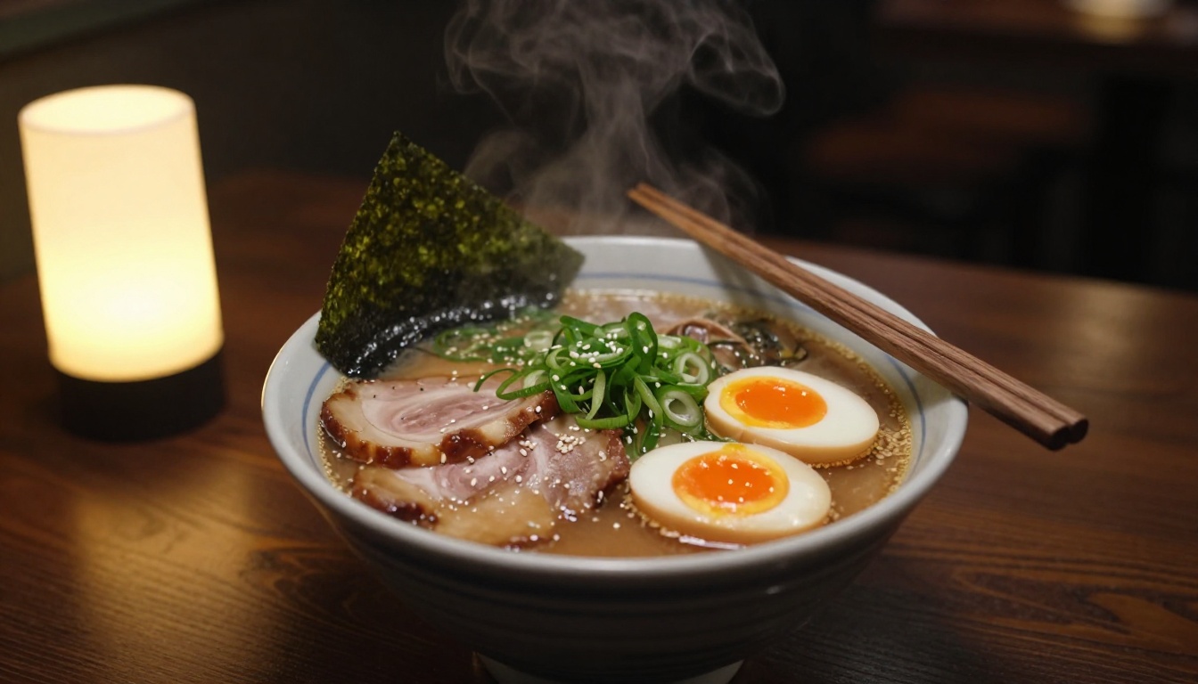 Steaming bowl of tonkotsu ramen with a jammy egg, shot at 45 degrees with warm side light