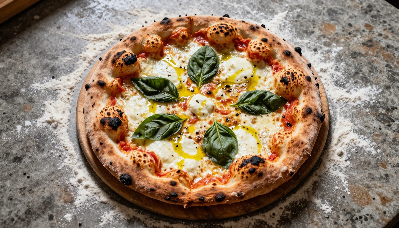 Overhead view of a wood-fired margherita pizza on a floured wooden peel