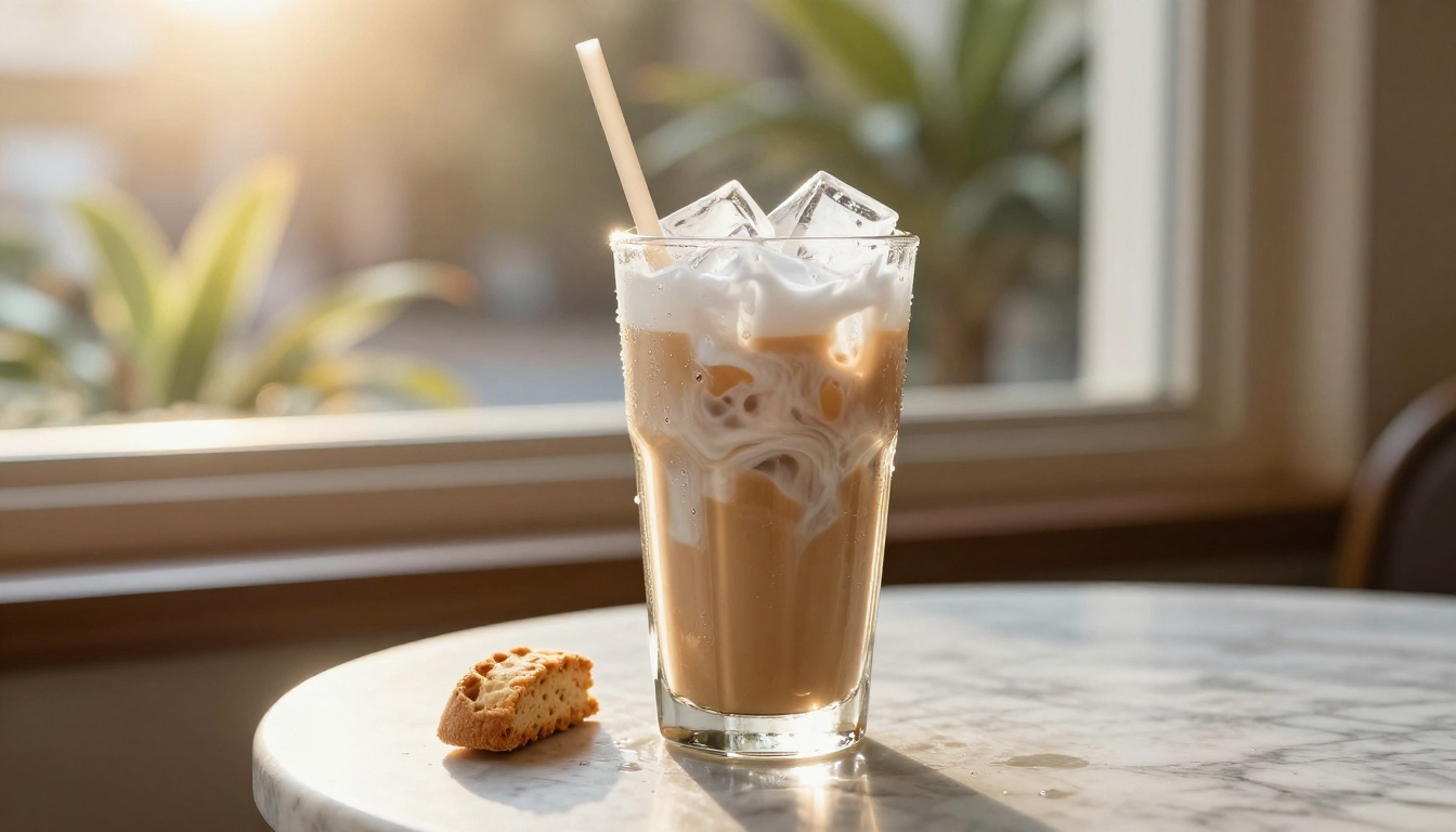 Iced latte with condensation on a marble cafe table in golden backlight
