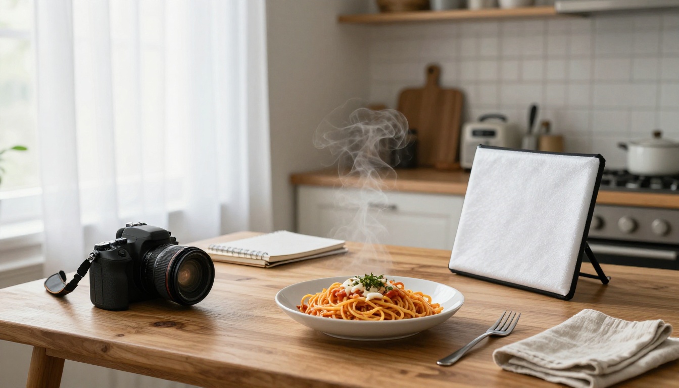Home food photography setup with a tripod, a foam reflector and window light