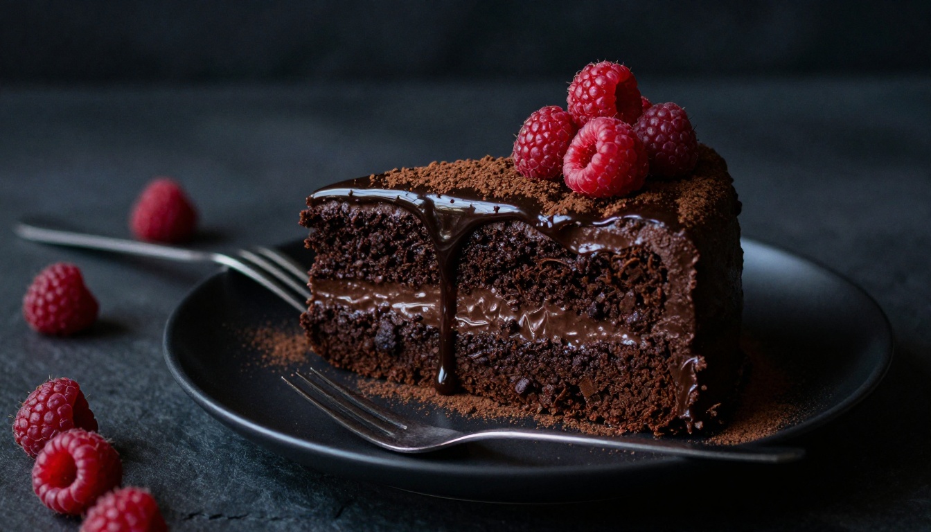 Dark moody slice of chocolate cake with glossy ganache and raspberries