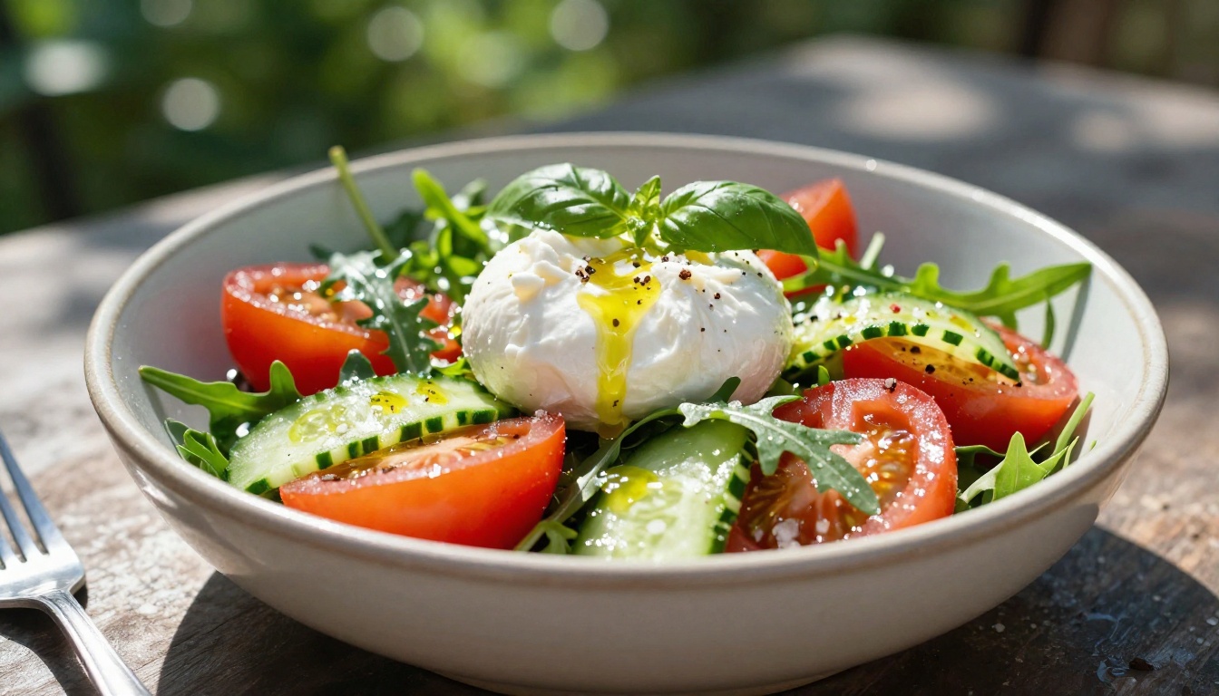 Backlit summer salad with heirloom tomatoes and burrata on a garden table