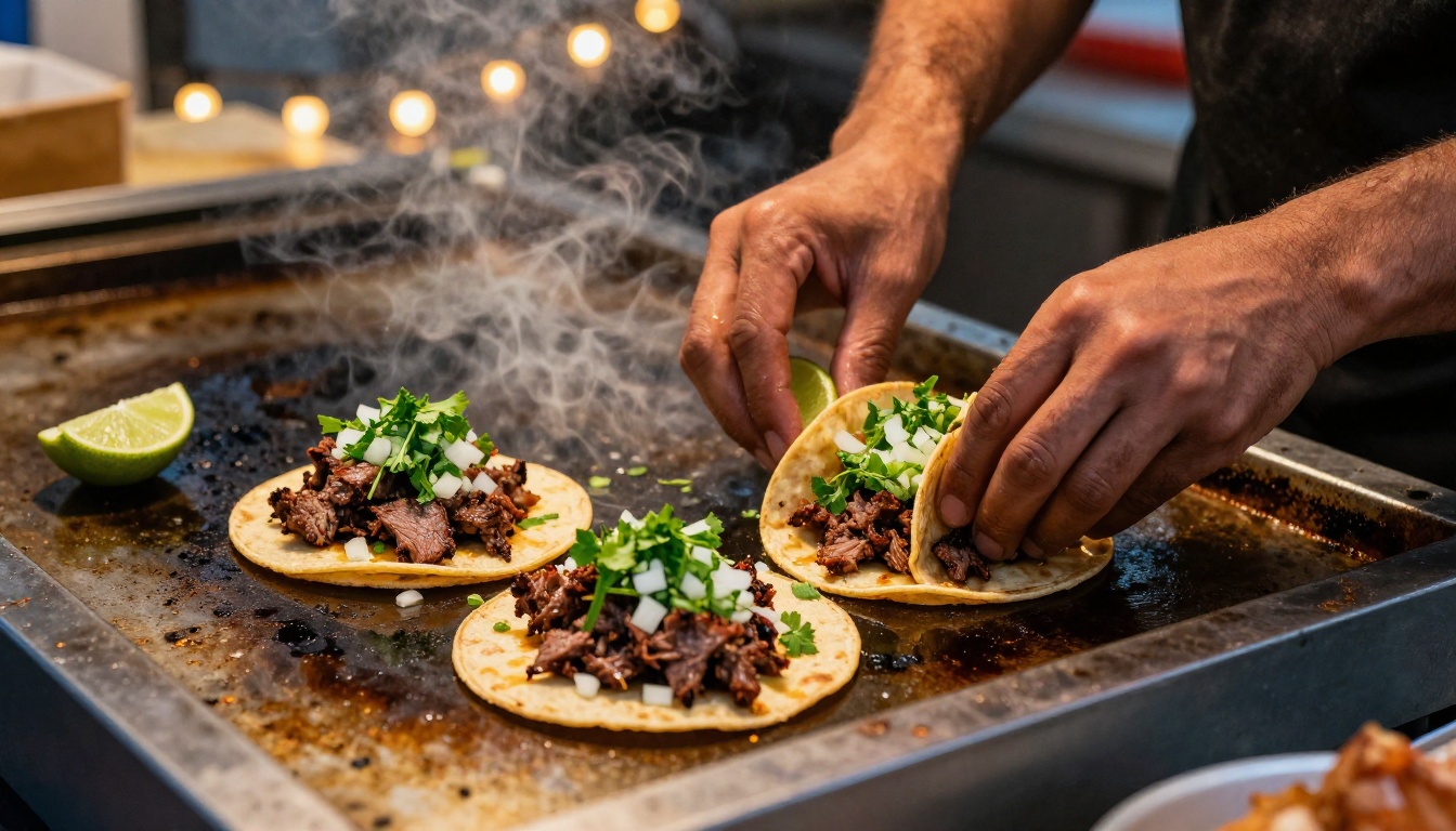 Hands assembling carne asada tacos at a street stand at dusk