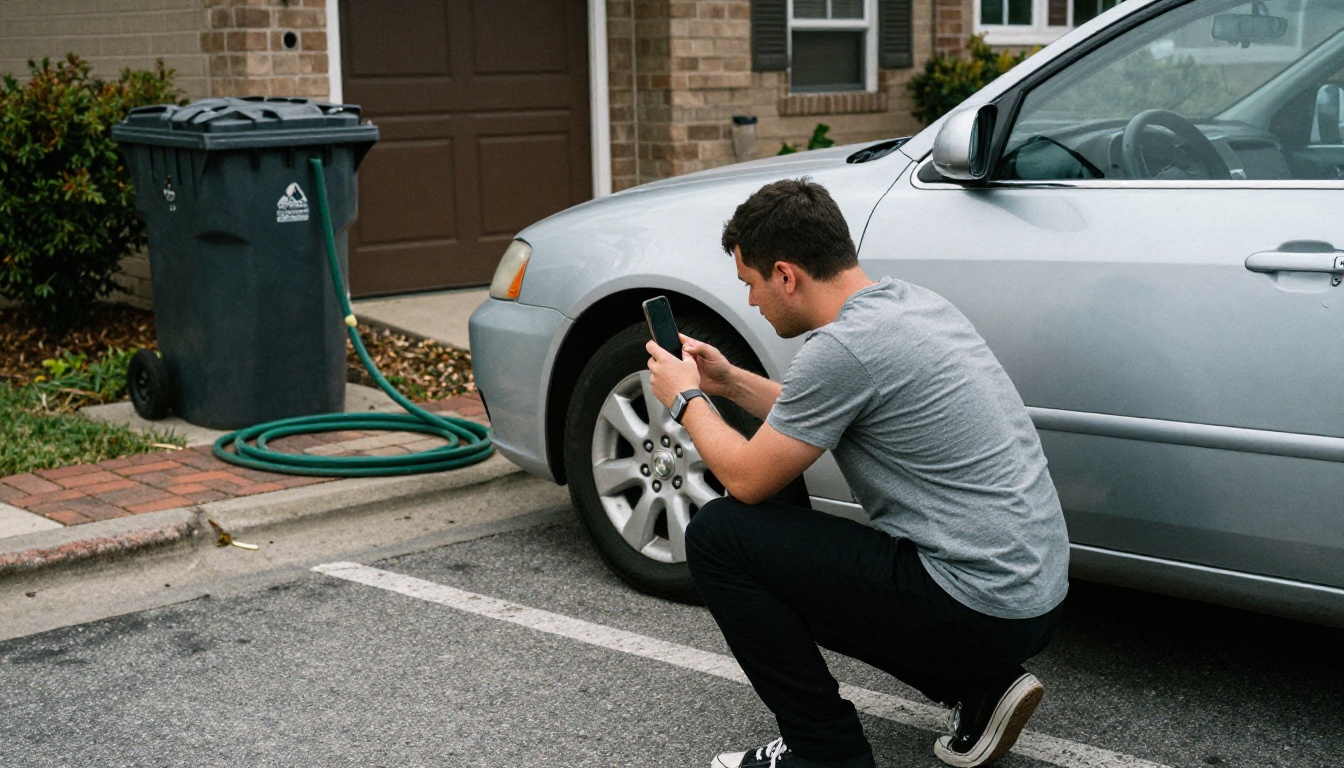 A man crouching to photograph a silver hatchback with a smartphone in a suburban driveway