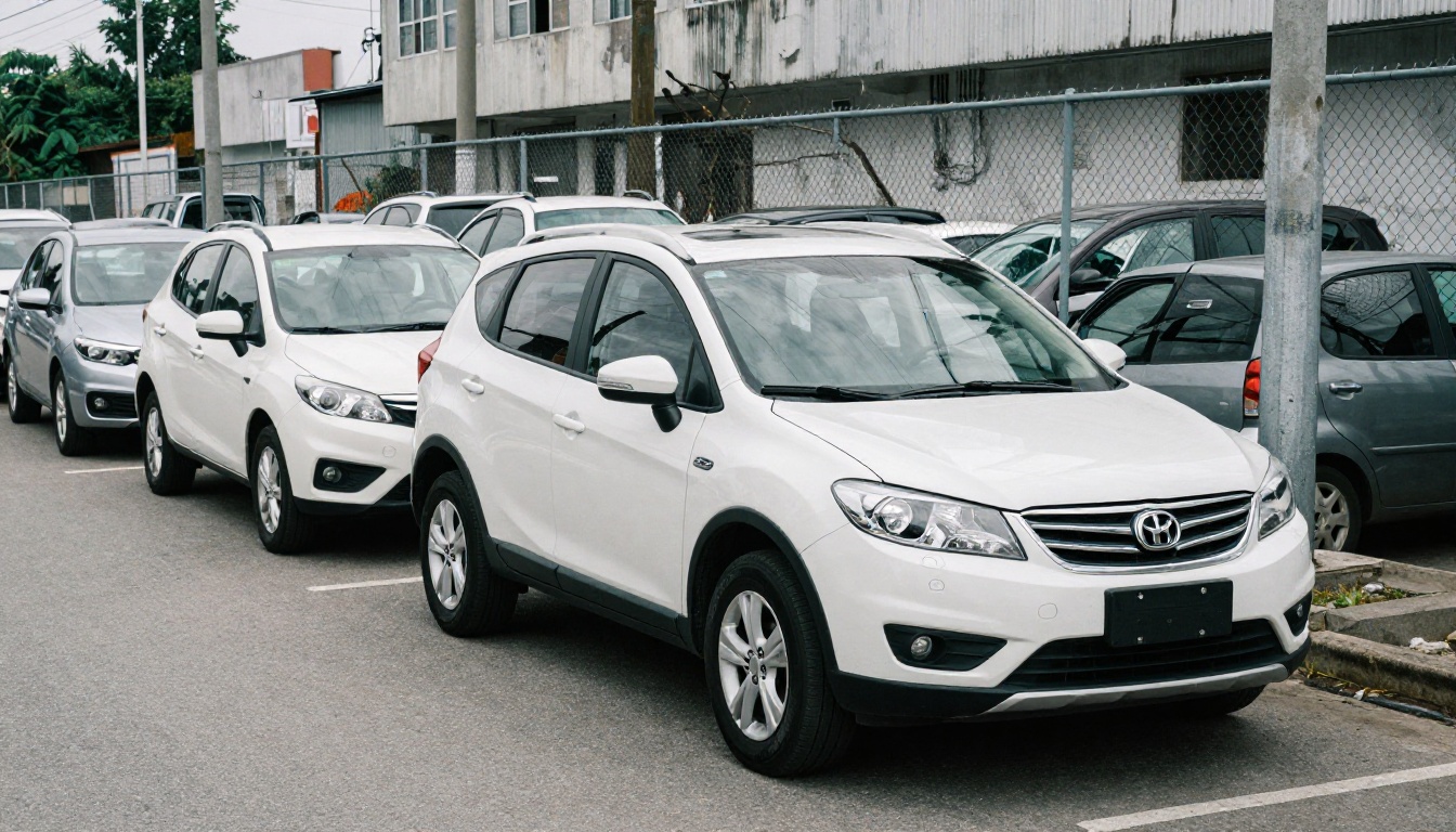 A white SUV on a crowded dealership lot with fences and other cars behind it