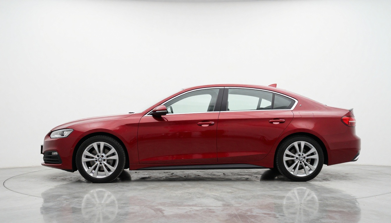 A glossy red hatchback in an empty white photography studio with softbox reflections