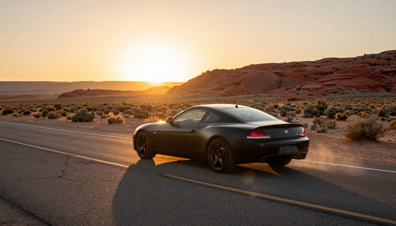 A matte black sports coupe driving along an empty desert highway at sunset