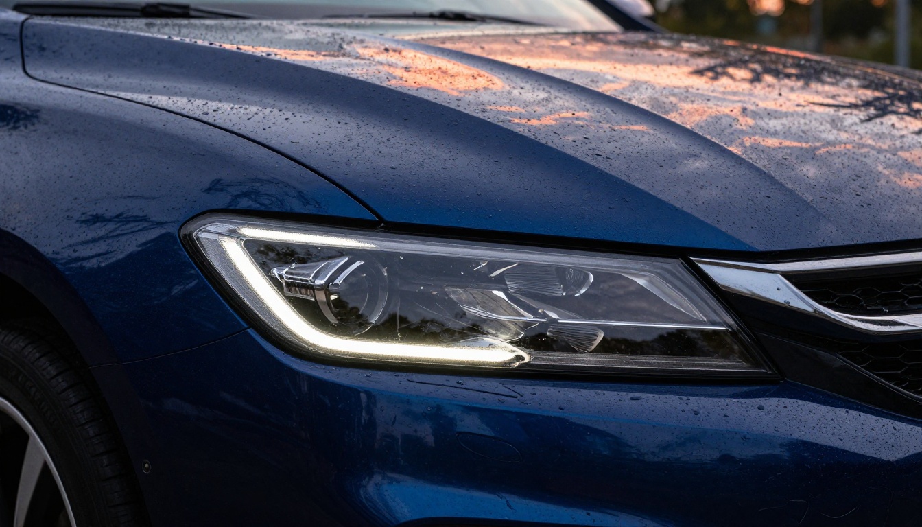 Close-up of a midnight blue headlight and fender reflecting a soft orange sunset sky