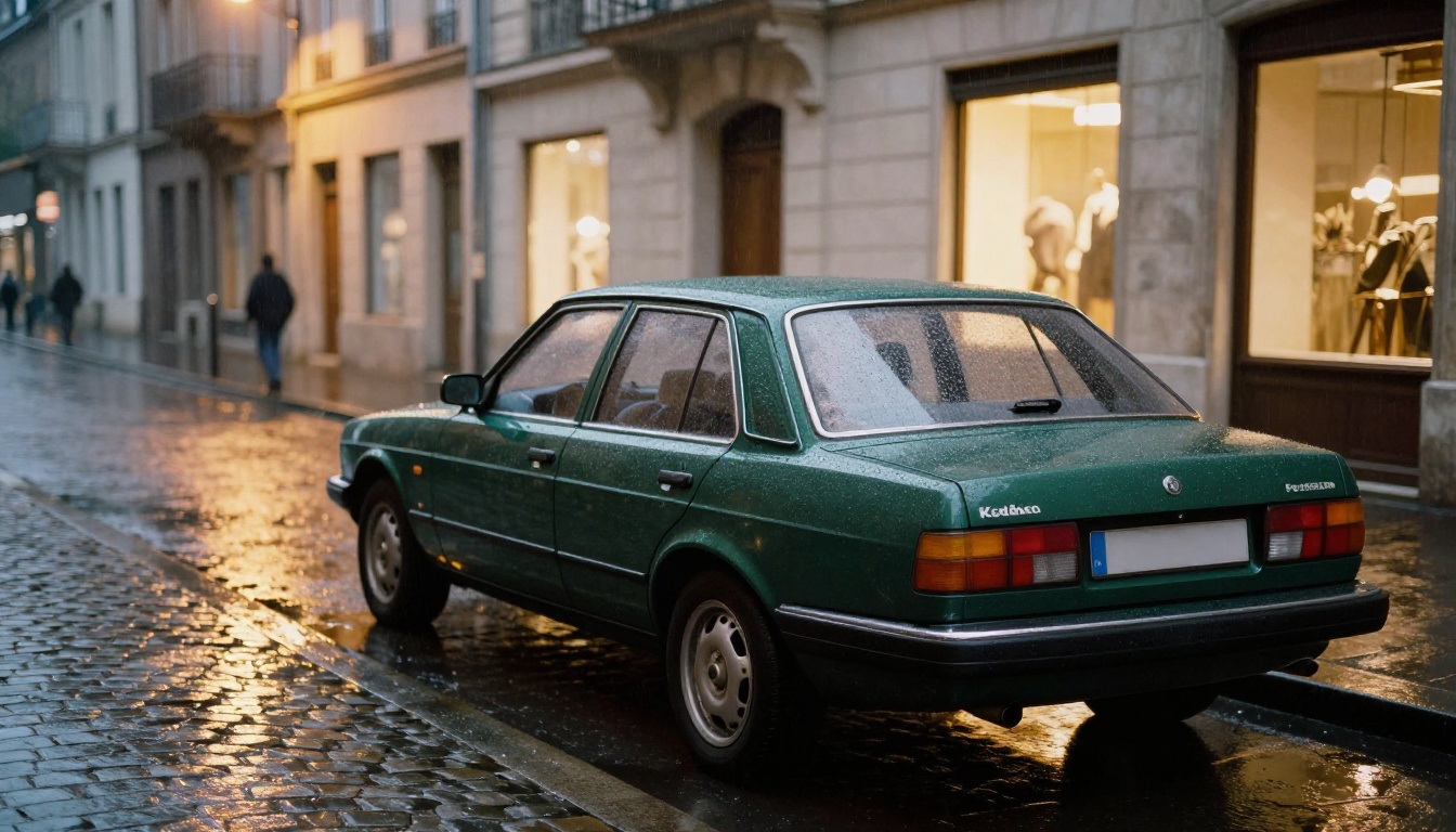 A dark green station wagon parked on a rain-soaked city street at dusk