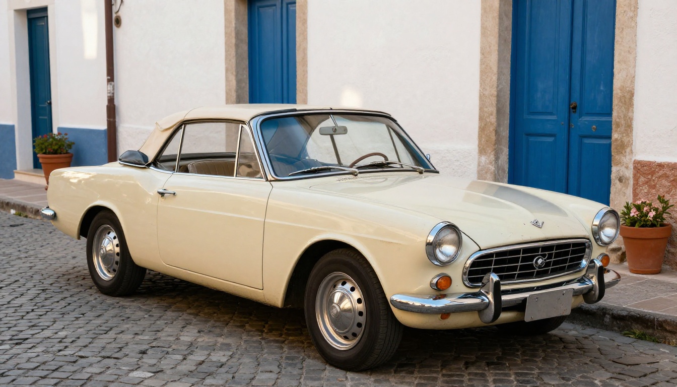 A cream 1960s convertible parked on a cobblestone lane in a Mediterranean village