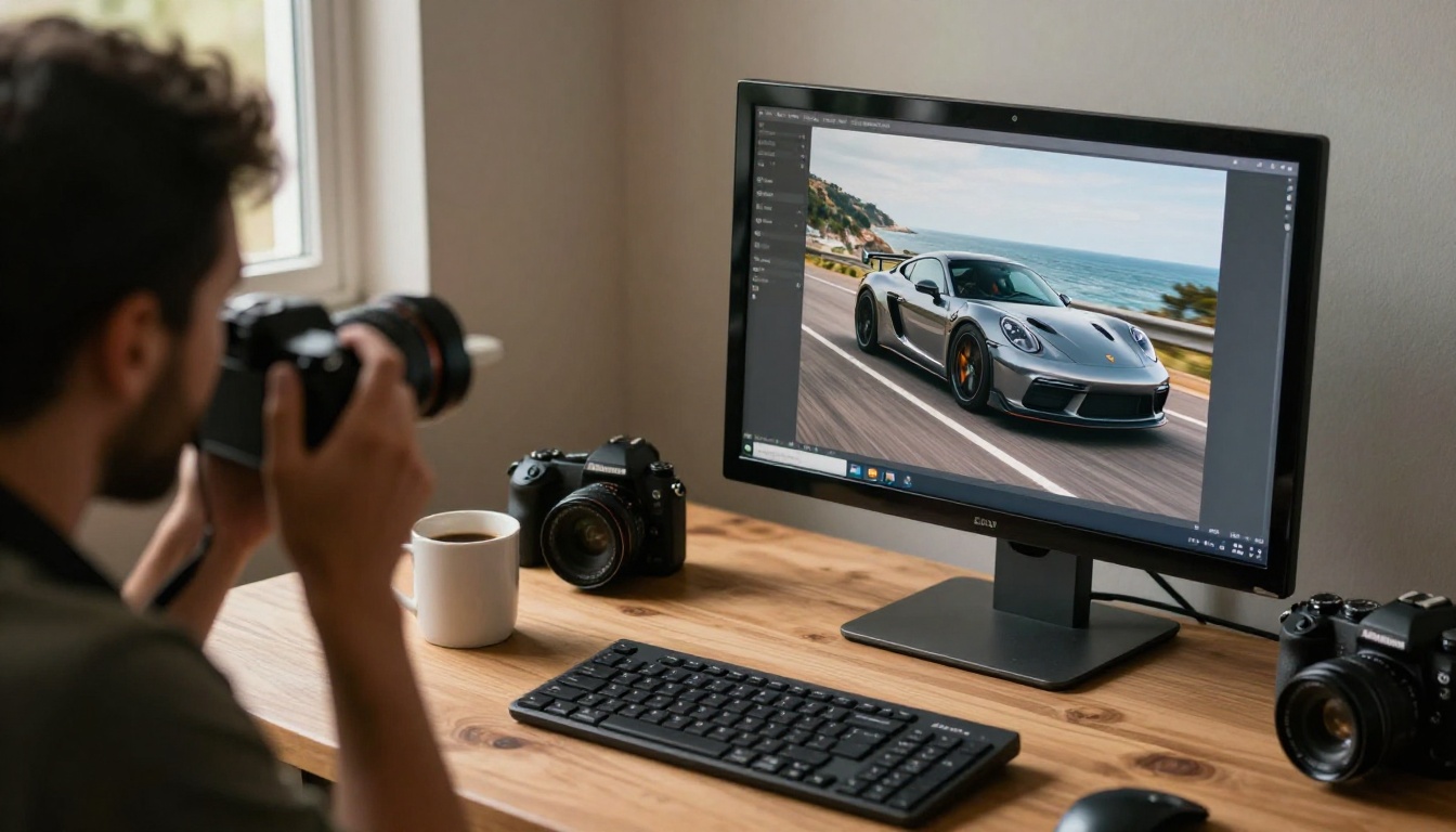 A photographer at a wooden desk reviewing a car photo on a large monitor