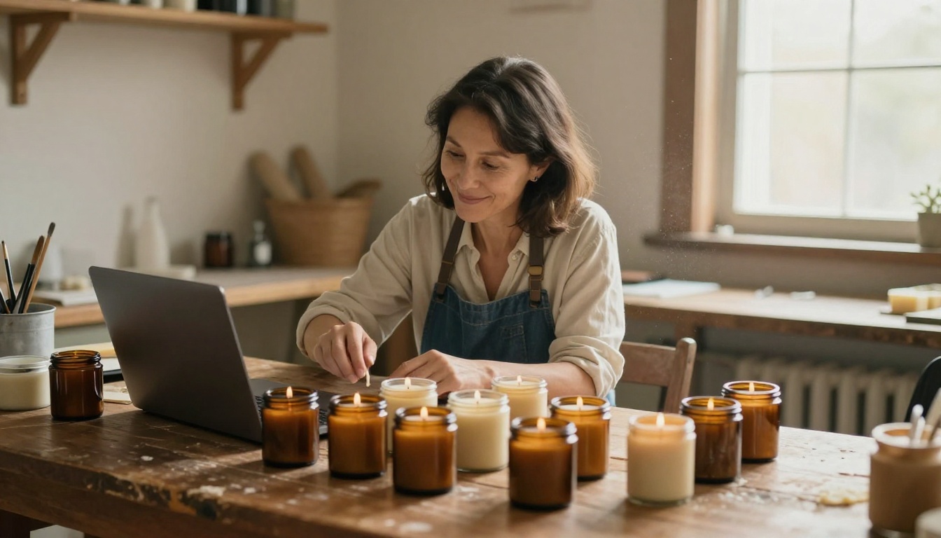 Candle maker reviewing a clean product clip on her laptop at a wooden workbench