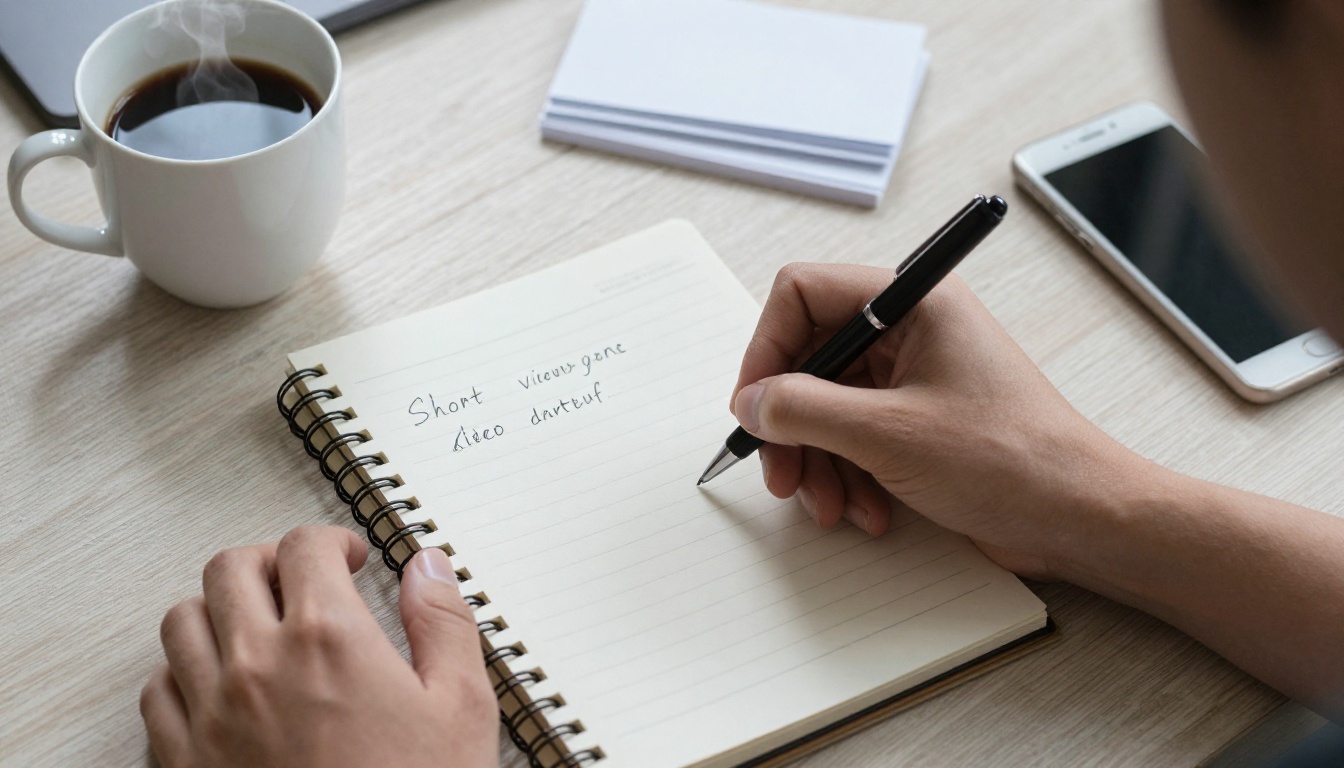 Overhead view of hands writing a short video script in a spiral notebook beside a cup of coffee
