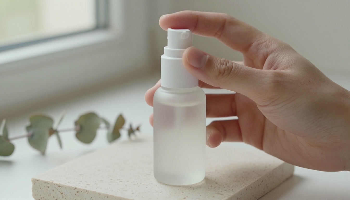 Hand photographing a frosted glass skincare bottle on a travertine slab with a smartphone