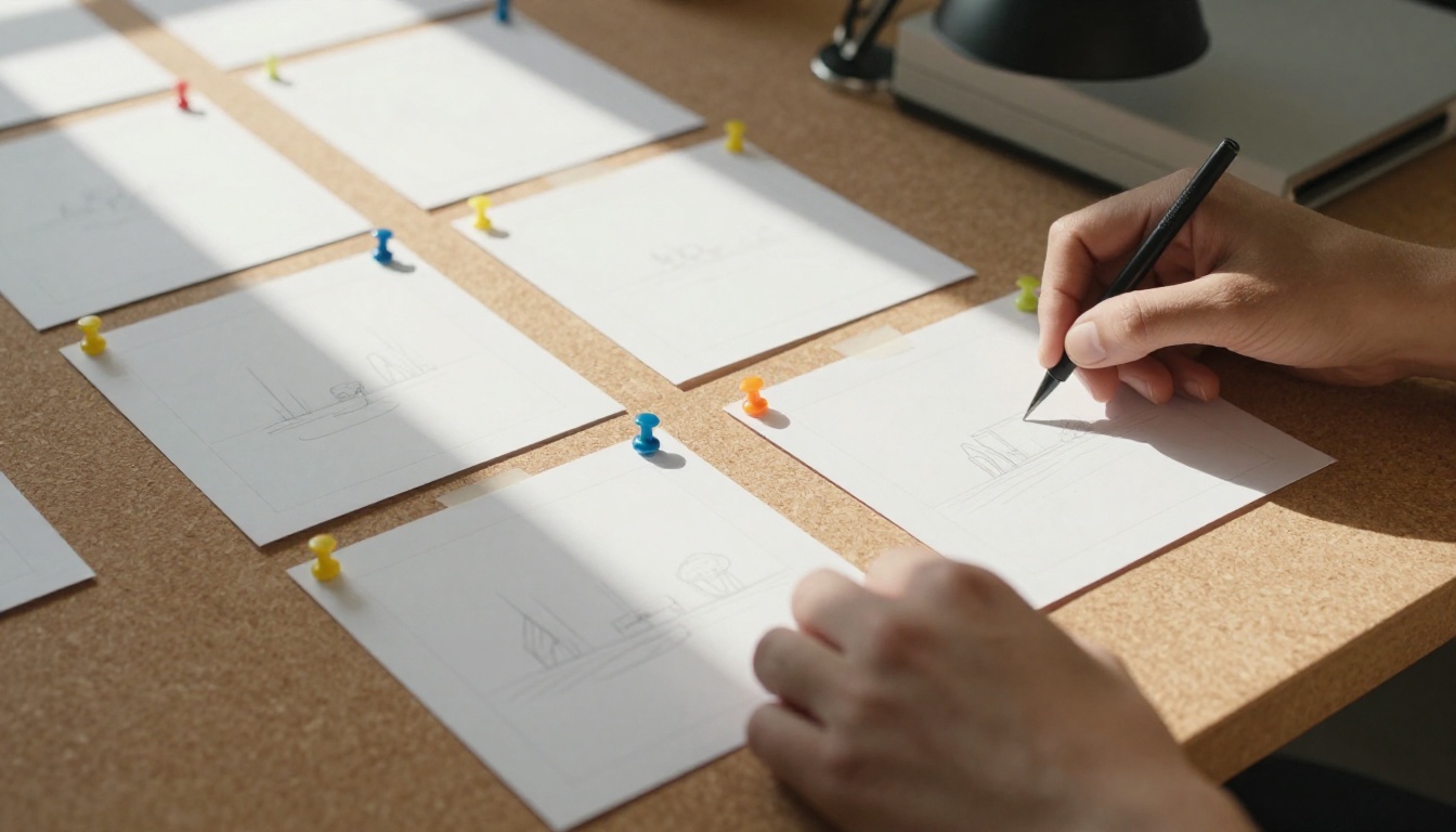 Hands pinning rough sketch cards to a corkboard wall to plan each scene of an explainer