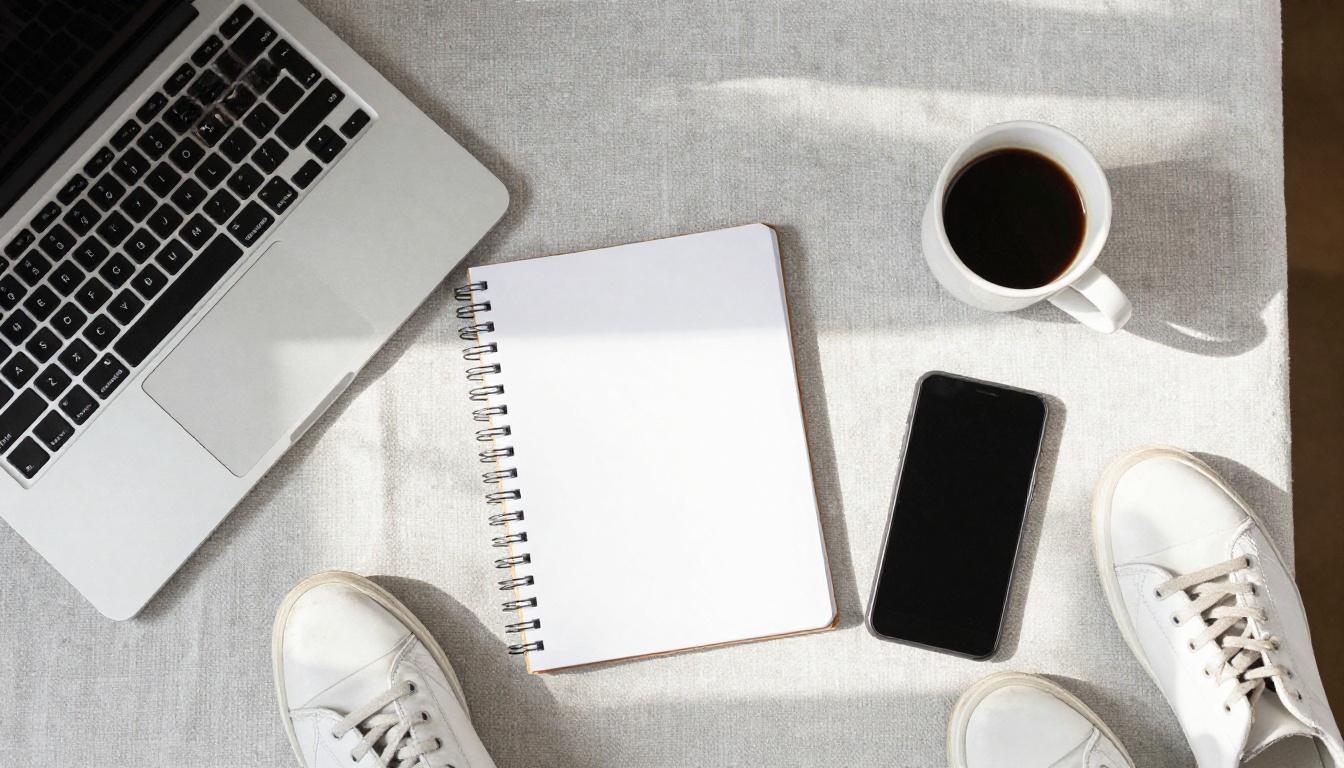 Tidy creator desk seen from above with a laptop, coffee, white sneakers, and a smartphone