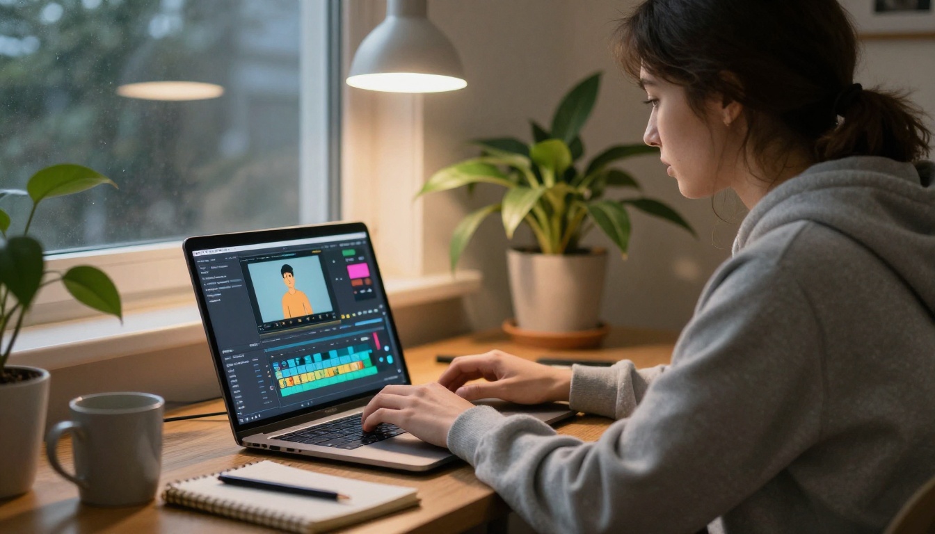 Over-the-shoulder view of an editor arranging short animated clips on a laptop timeline