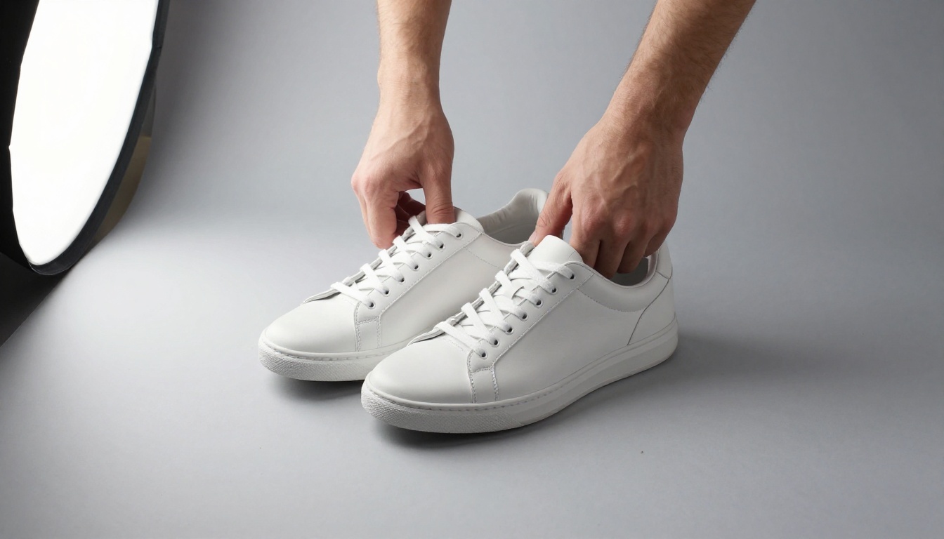 Hands placing white leather sneakers on a pale grey seamless backdrop under soft studio light