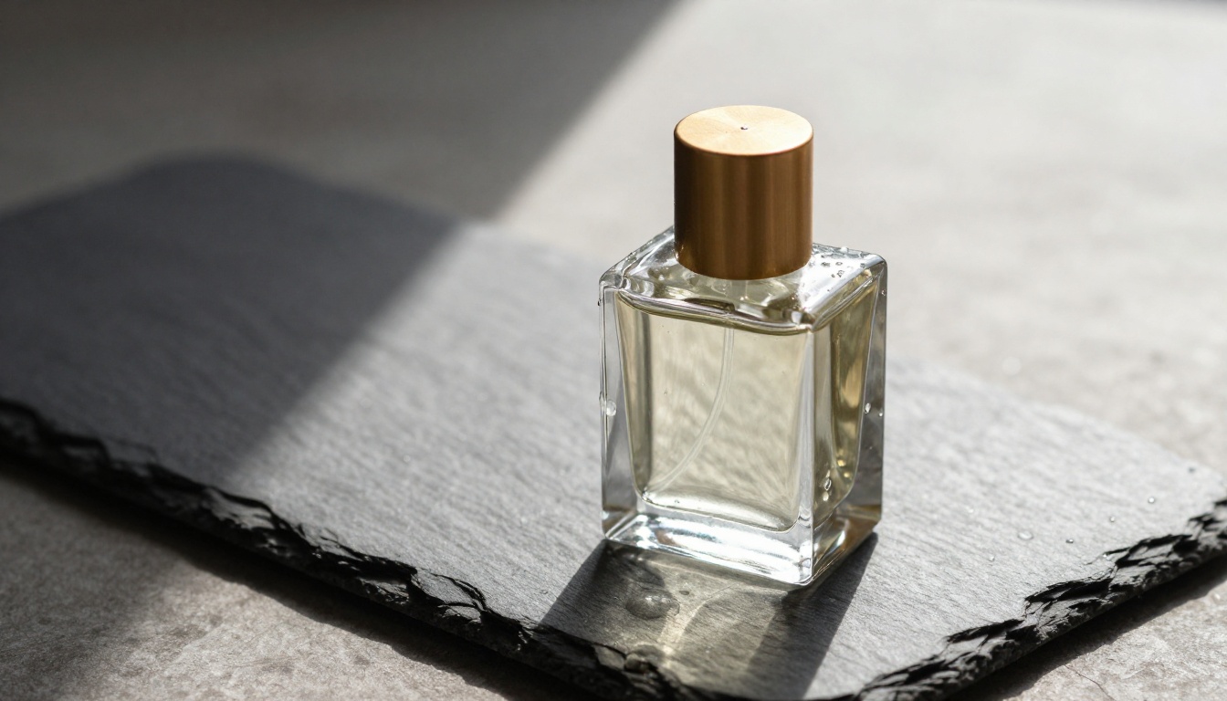 Glass perfume bottle with a brass cap on dark slate, lit by low morning sunlight