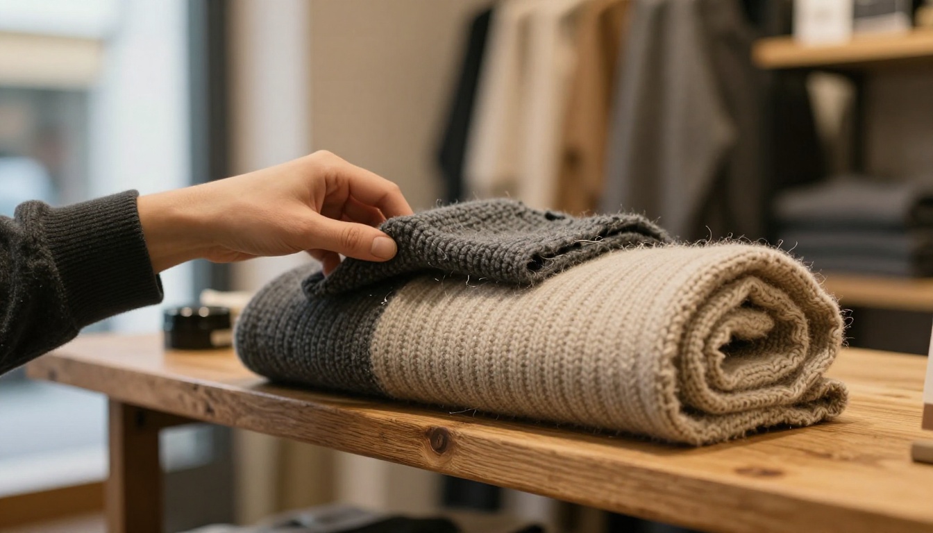 Charcoal merino sweater folded on an oak boutique shelf while a hand lifts the edge to show the weave