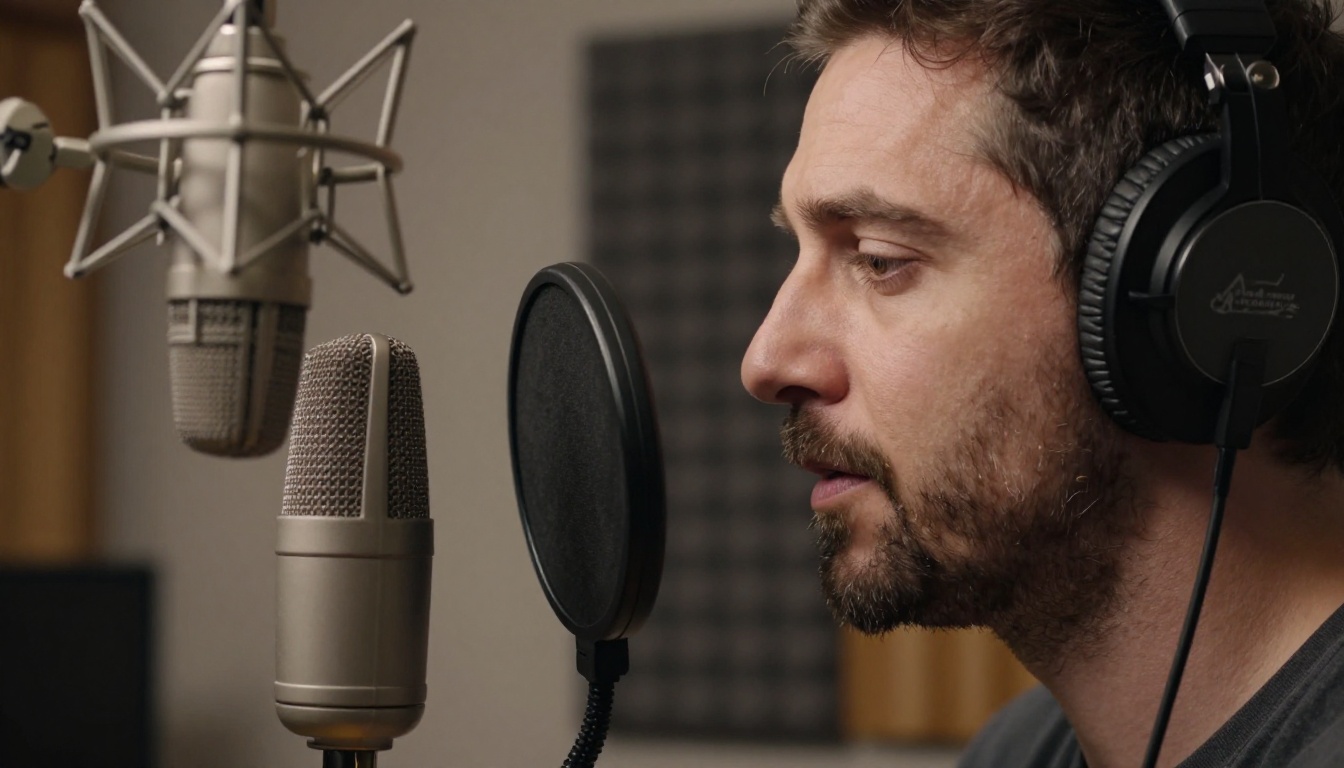 Side profile of a man recording narration into a condenser microphone with a pop filter