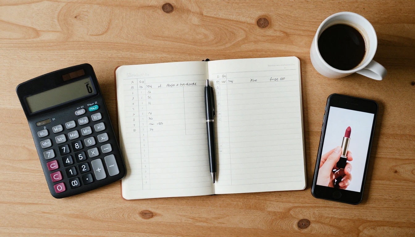 Flat lay of a desk with a calculator, budget notebook, coffee, and a phone showing a vertical product video