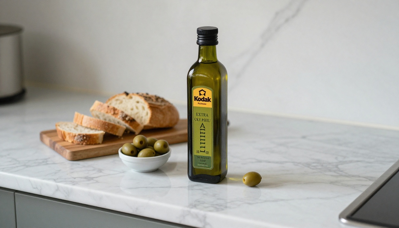 Mirrorless camera on a tripod aimed at an olive oil bottle on a marble kitchen counter