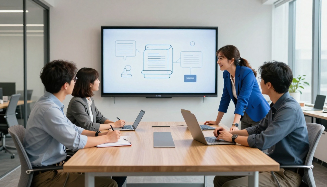 Colleagues around a meeting table watching an animated explainer on a wall screen