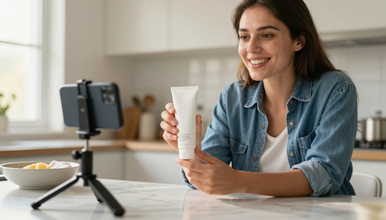 A smiling creator in a sunlit kitchen holding a skincare tube toward a phone on a tripod