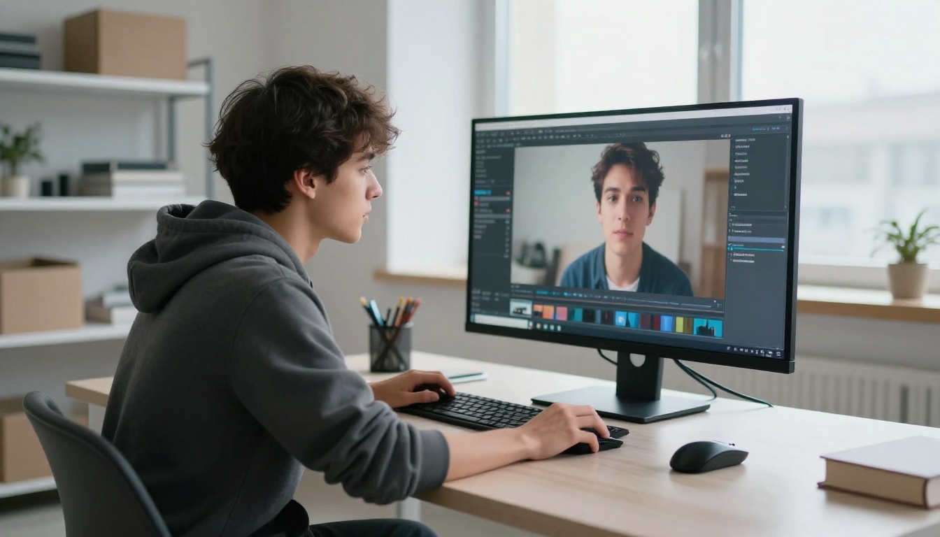 Young man in a grey hoodie scrubbing through a short product clip on a large monitor